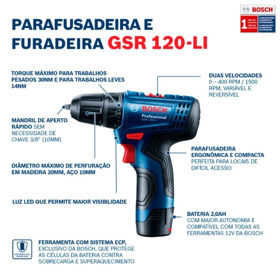 PARAFUSADEIRA / FURADEIRA BOSCH - GSR120 - COM MALETA E 1 BATERIA