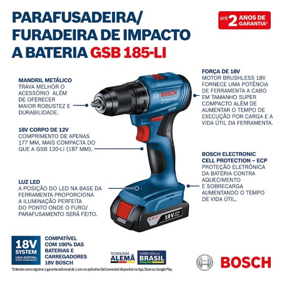 PARAFUSADEIRA / FURADEIRA BOSCH - GSB185LI - COM MALETA + 2 BATERIAS