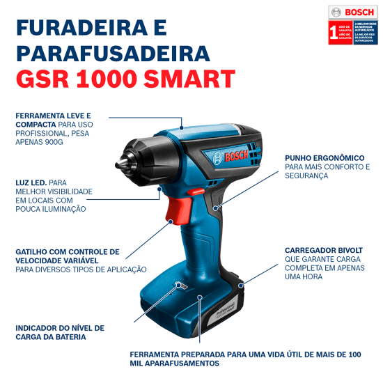 PARAFUSADEIRA / FURADEIRA BOSCH - GSR 1000 SMART