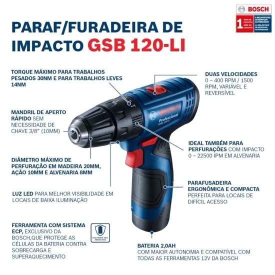 PARAFUSADEIRA / FURADEIRA BOSCH - GSB120LI - C/ MALETA + 2 BATERIAS