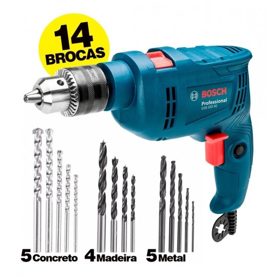 FURADEIRA BOSCH GSB 550 RE COM KIT DE BROCA