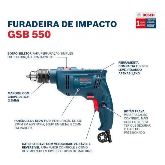 FURADEIRA BOSCH GSB 550 RE COM KIT DE BROCA