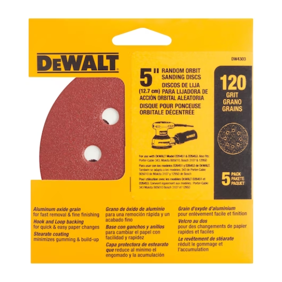 KIT 5 DISCOS LIXA VELCRO 5" GRÃO 120 MÉDIO 8 FUROS DEWALT - DW4303X