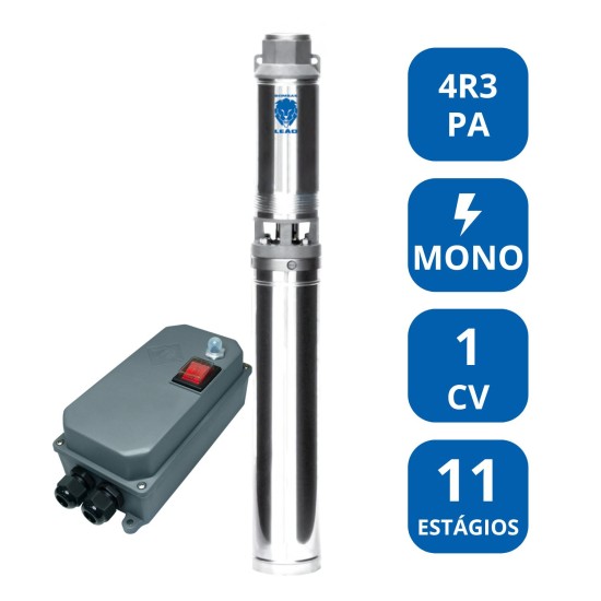 BOMBA SUBMERSA LEÃO 4” 1 CV MONOFÁSICA (4R3PA‑11 COM CONTROL BOX)