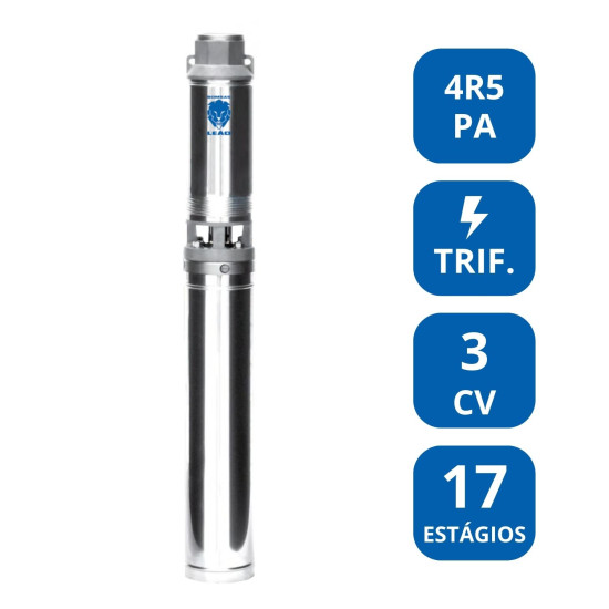 BOMBA SUBMERSA LEÃO 4” 3 CV TRIFÁSICA (4R5PA‑17) - LUBRIFICADA A ÁGUA