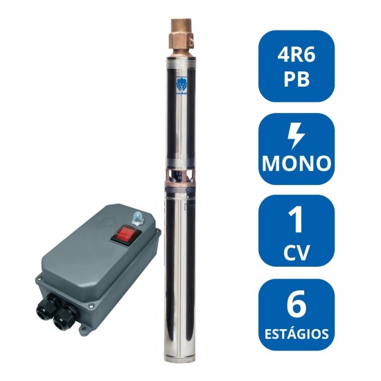 BOMBA SUBMERSA LEÃO 4” 1 CV MONOFÁSICA (4R6PB‑06 COM CONTROL BOX)