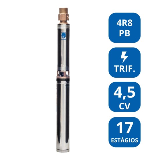 BOMBA SUBMERSA LEÃO 4” 4,5 CV TRIFÁSICA (4R8PB‑17) – LUBRIFICADA A ÁGUA